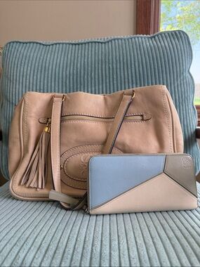 Loewe Beige Shoulder Bag with Blue and Taupe Wallet